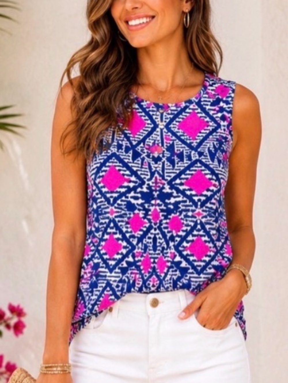 Navy & Pink Geometric Sleeveless Tank Top w peephole button closure - size Large
